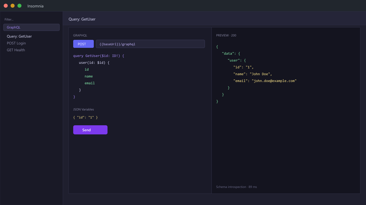 Insomnia GraphQL query editor with variables panel and JSON preview showing user data
