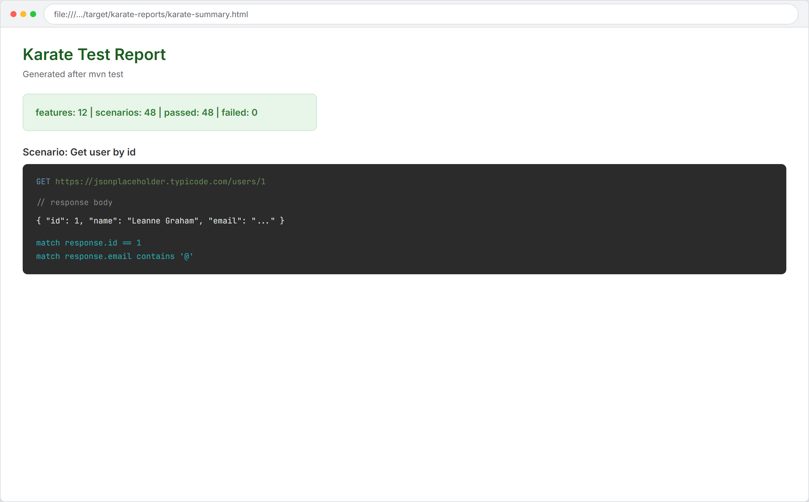 Karate HTML test report with summary stats, GET request, JSON response, and passed match assertions