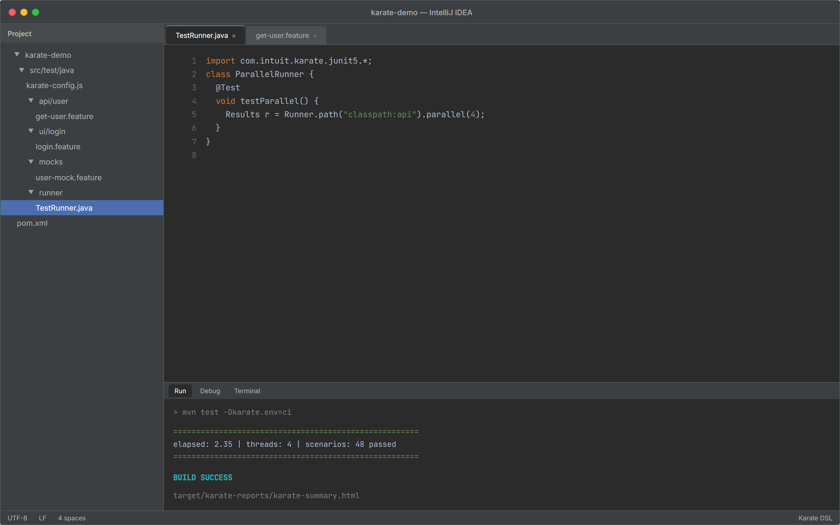 IntelliJ IDEA Run window with Karate parallel stats and BUILD SUCCESS
