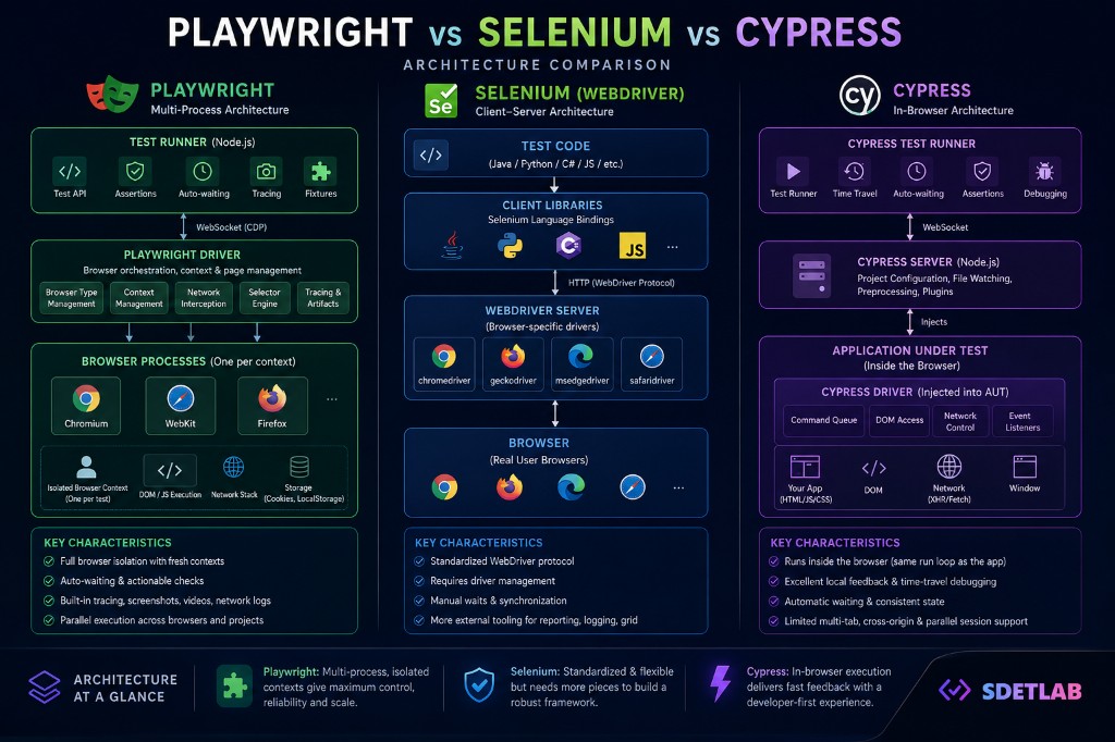 Playwright vs Selenium vs Cypress: architecture comparison diagram covering multi-process, WebDriver, and in-browser execution models