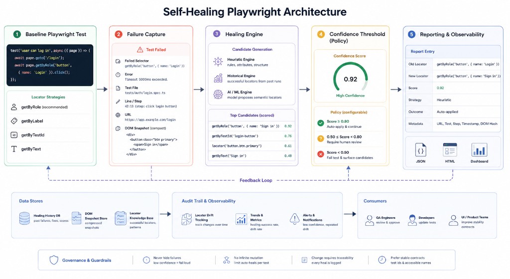 Self-Healing Playwright Architecture: five-step flow from baseline test through failure capture, healing engine, confidence threshold, to reporting and observability, plus data stores and governance