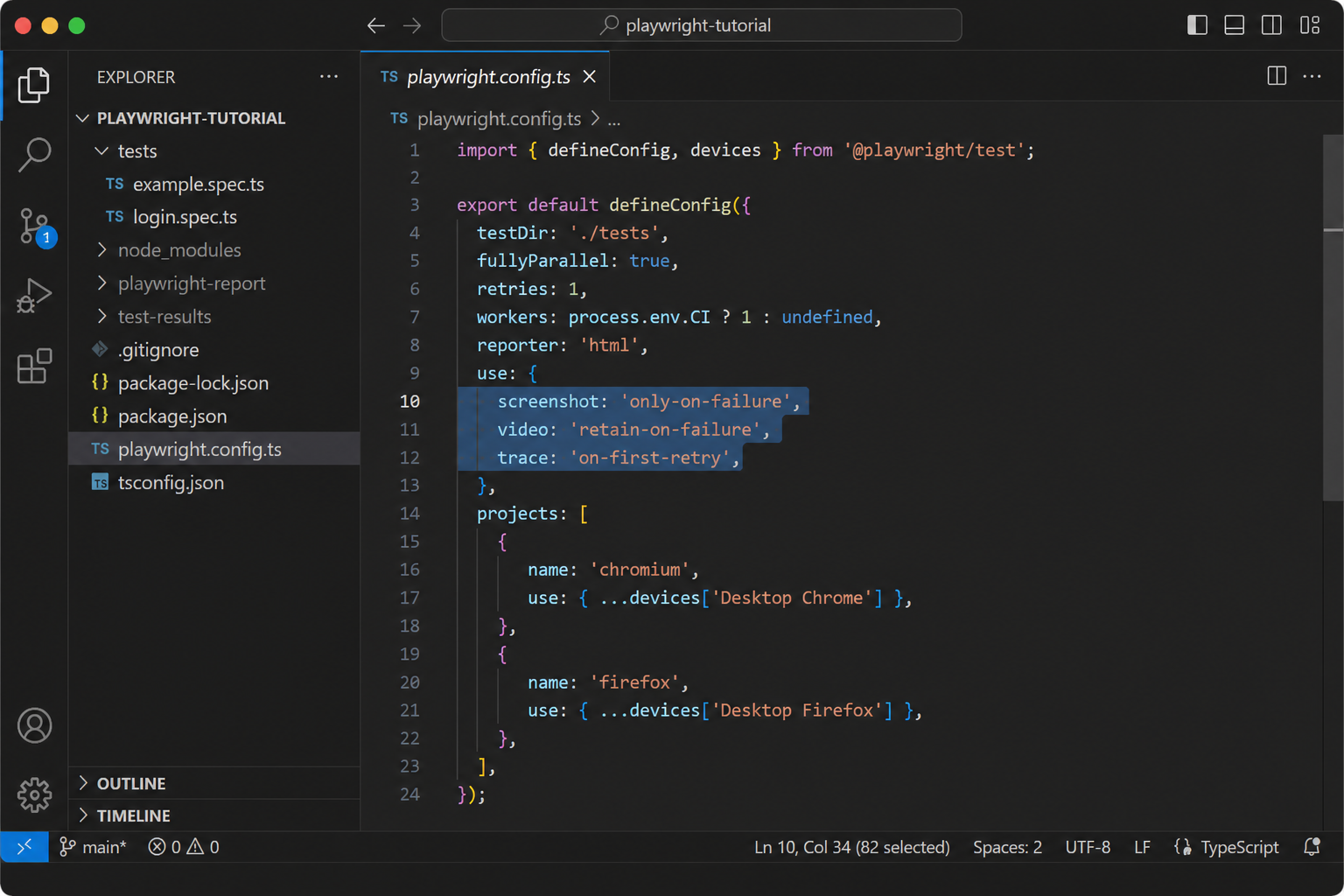 playwright.config.ts with screenshot, video, and trace settings for flaky-test debugging