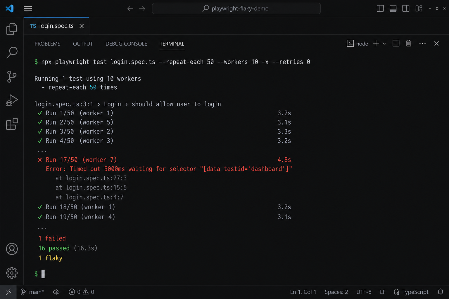 VS Code terminal running Playwright with --repeat-each and --workers to surface flaky failures