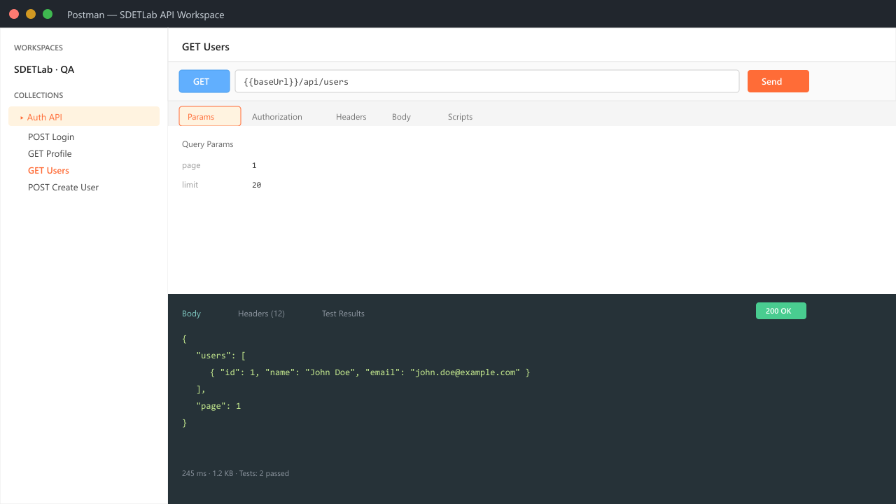 Postman workspace with collections sidebar, GET request to {{baseUrl}}/api/users, query params, and JSON response with test results